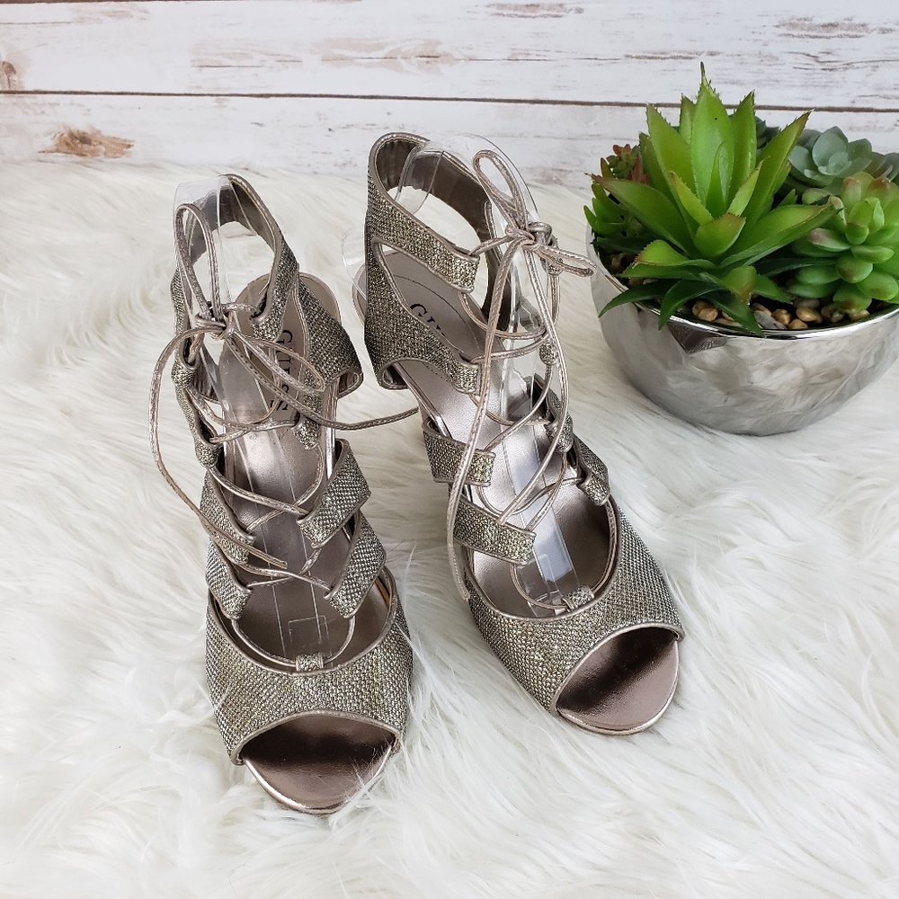 GUESS Silver Shimmer Gladiator Stiletto Heels | Size 9M | 4.5" Heel